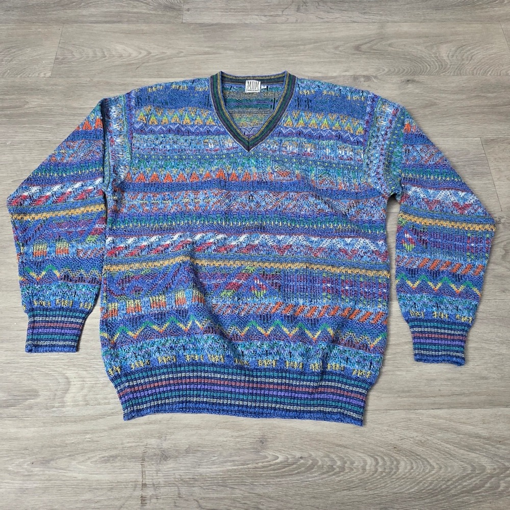 Mondo Di Marco V-Neck Sweater Colorful Knit Patterned Made In Italy‎ S
